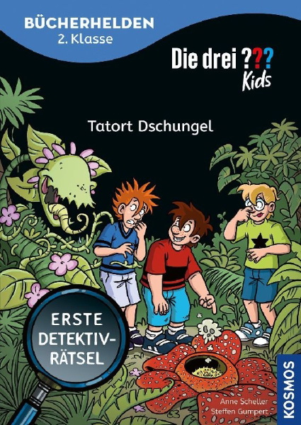 Buchcover und Innenansicht für das Buch: Die drei ??? Kids, Bücherhelden 2. Klasse, Tatort Dschungel