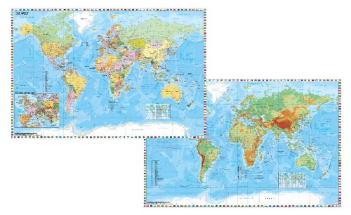 Buchcover und Innenansicht für das Buch: Weltkarte mit Ausschnitt Zentraleuropa / Weltkarte physisch. Duo-Schreibunterlage