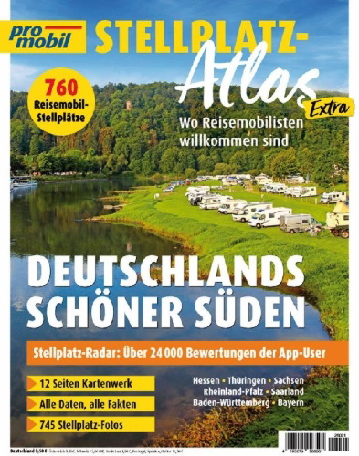 Buchcover und Innenansicht für das Buch: promobil Stellplatz-Atlas 01/2026 Deutschlands schöner Süden