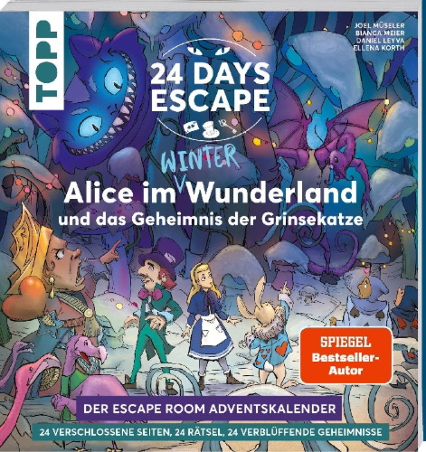 Buchcover und Innenansicht für das Buch: 24 DAYS ESCAPE - Der Escape Room Adventskalender: Alice im Wunderland und das Geheimnis der Grinsekatze