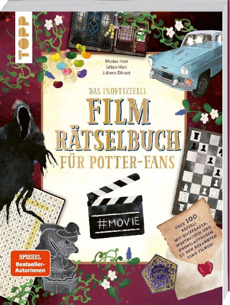 Buchcover und Innenansicht für das Buch: Das inoffizielle Film-Rätselbuch für Potter-Fans. Über 100 Rätsel, Quizfragen und Knobelaufgaben zu den Kino-Erfolgen