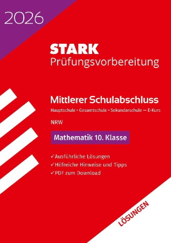 Buchcover und Innenansicht für das Buch: STARK Lösungen zu Mathematik E-Kurs - Mittlerer Schulabschluss (MSA) 2026 NRW Hauptschule/Gesamtschule/Sekundarschule - Prüfungsvorbereitung