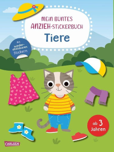 Buchcover und Innenansicht für das Buch: Mein buntes Anzieh-Stickerbuch: Tiere