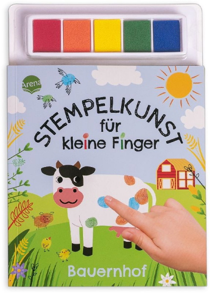 Buchcover und Innenansicht für das Buch: Stempelkunst für kleine Finger. Bauernhof