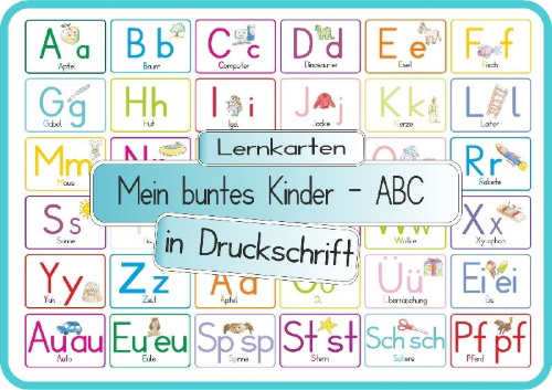 Buchcover und Innenansicht für das Buch: Mein buntes Kinder-ABC Druckschrift mit Umlauten, Doppellauten und Sp, St, Sch und Pf