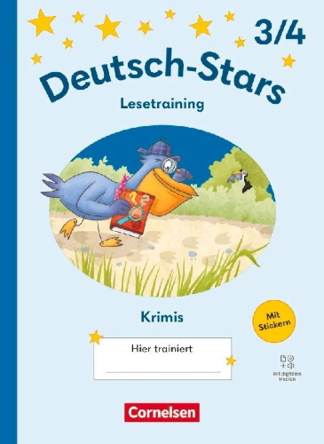 Buchcover und Innenansicht für das Buch: Deutsch-Stars 3./4. Schuljahr - Ausgabe 2025 - Lesetraining für Krimifans - Übungsheft