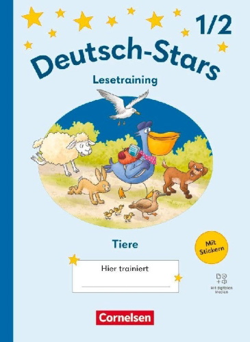 Buchcover und Innenansicht für das Buch: Deutsch-Stars 1./2. Schuljahr - Lesetraining Ausgabe 2025 - Lesetraining für Tierfreunde - Übungsheft - Mit Lösungen und digitalen Medien