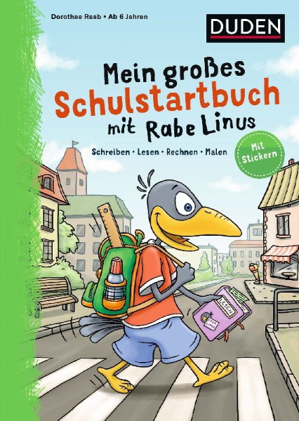 Buchcover und Innenansicht für das Buch: Mein großes Schulstartbuch mit Rabe Linus