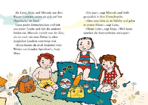 Buchcover und Innenansicht für das Buch: LasseMajas Detektivbyrå. LasseMajas sommarlovsbok. En dag pa stranden.
