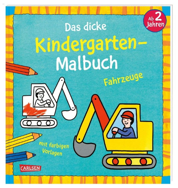 Buchcover und Innenansicht für das Buch: Ausmalbilder für Kita-Kinder: Das dicke Kindergarten-Malbuch: Fahrzeuge