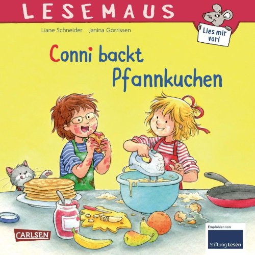 Buchcover und Innenansicht für das Buch: LESEMAUS 123: Conni backt Pfannkuchen