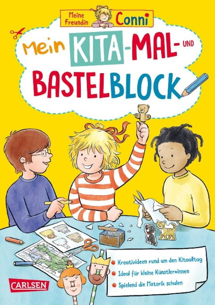 Buchcover und Innenansicht für das Buch: Conni Gelbe Reihe (Beschäftigungsbuch): Mein Kita-Mal- und Bastelblock