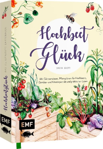 Buchcover und Innenansicht für das Buch: Hochbeet-Glück - Das illustrierte Gartenbuch
