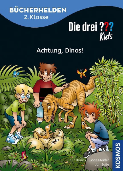 Buchcover und Innenansicht für das Buch: Die drei ??? Kids, Bücherhelden 2. Klasse, Achtung, Dinos!