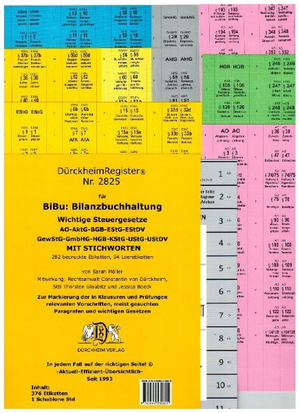 Buchcover und Innenansicht für das Buch: DürckheimRegister® 2825-BiBu- BilanzSteuerrecht - Wichtige Steuergesetze MIT STICHWORTEN für deine AO-AktG-BGB-EStG-EStDV-HGB-GewStG-GmbHG-KStG-UStG_UStDV