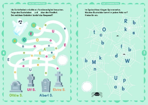 Buchcover und Innenansicht für das Buch: Leserätsel für mutige Kinder - Achtung, hier spukt's! - ab 6 Jahren