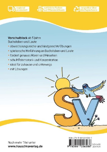 Buchcover und Innenansicht für das Buch: Vorschulblock - Buchstaben und Laute ab 5 Jahre, A5-Block