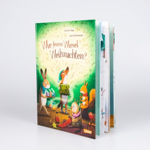 Buchcover und Innenansicht für das Buch: Wie feiern Wiesel Weihnachten?