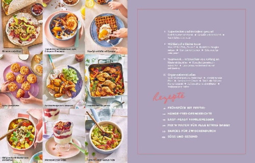 Buchcover und Innenansicht für das Buch: Ninas easy-peasy Familienkochbuch