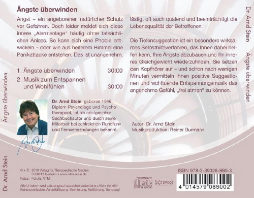 Buchcover und Innenansicht für das Buch: Ängste überwinden. Stereo-Tiefensuggestion. CD