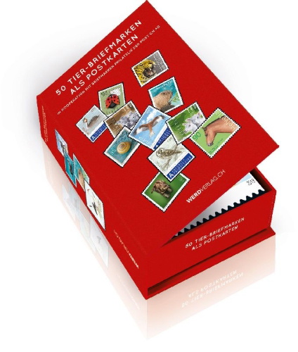 Buchcover und Innenansicht für das Buch: Postkartenbox 50 Tier-Briefmarken als Postkarten