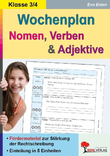 Buchcover und Innenansicht für das Buch: Wochenplan Nomen, Verben & Adjektive