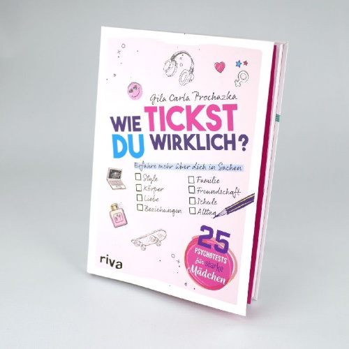 Buchcover und Innenansicht für das Buch: Wie tickst du wirklich? - 25 Psychotests für starke Mädchen