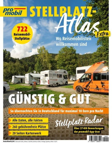 Buchcover und Innenansicht für das Buch: promobil Stellplatz-Atlas 01/2025