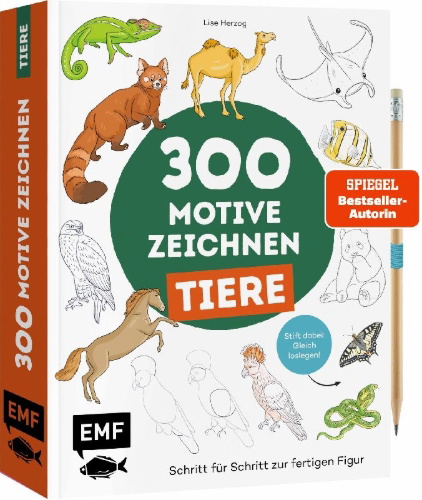 Buchcover und Innenansicht für das Buch: Mes 300 modèles à dessiner en pas à pas animaux