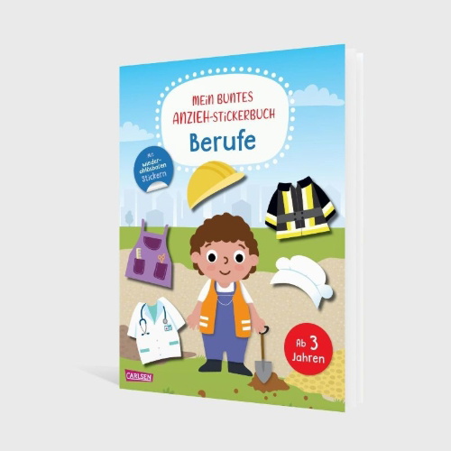Buchcover und Innenansicht für das Buch: Mein buntes Anzieh-Stickerbuch: Berufe