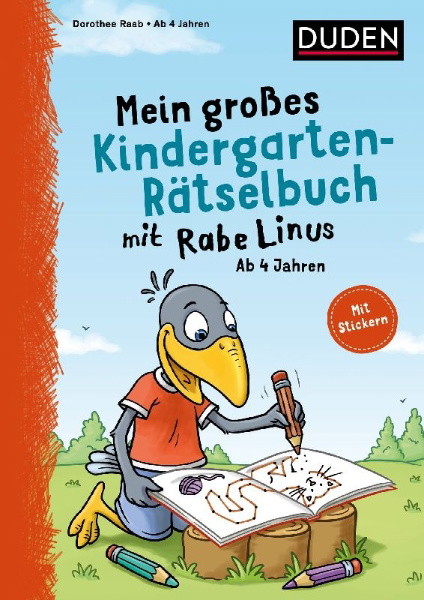Buchcover und Innenansicht für das Buch: Mein großes Kindergarten-Rätselbuch mit Rabe Linus - ab 4 Jahren