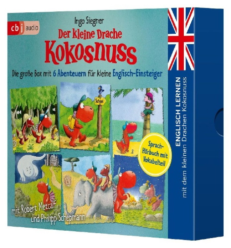 Buchcover und Innenansicht für das Buch: Englisch lernen mit dem kleinen Drachen Kokosnuss - Die große Box mit 6 Abenteuern für kleine Englisch-Einsteiger