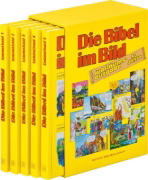 Buchcover und Innenansicht für das Buch: Comic-Reihe "Die Bibel im Bild". 50 Jahre-Jubiläumsausgabe. Kinderbuch-Klassiker ab 8 Jahren mit Geschichten aus dem Alten und Neuen Testament als Comics. 5 Sammelbände im Schuber