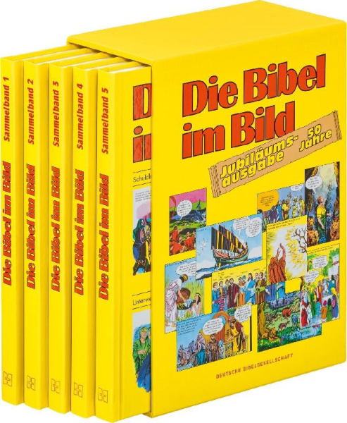 Buchcover und Innenansicht für das Buch: Comic-Reihe "Die Bibel im Bild". 50 Jahre-Jubiläumsausgabe. Kinderbuch-Klassiker ab 8 Jahren mit Geschichten aus dem Alten und Neuen Testament als Comics. 5 Sammelbände im Schuber