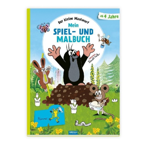 Buchcover und Innenansicht für das Buch: Trötsch Der kleine Maulwurf Mein Spiel- und Malbuch