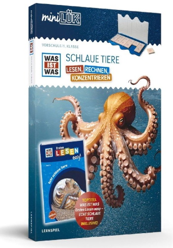 Buchcover und Innenansicht für das Buch: miniLÜK-Set. WAS IST WAS Schlaue Tiere Lesen, Rechnen, Konzentrieren Vorschule