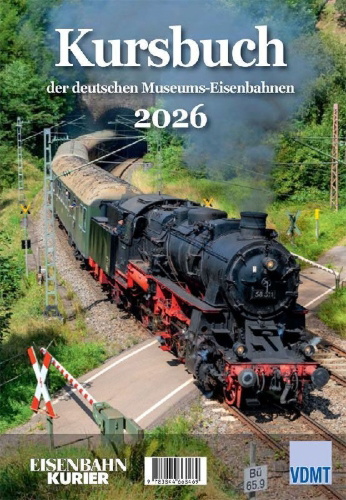 Buchcover und Innenansicht für das Buch: Kursbuch der deutschen Museums-Eisenbahnen - 2026