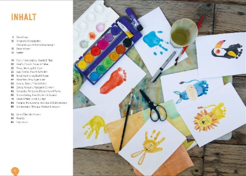 Buchcover und Innenansicht für das Buch: Kleine Hände, kleine Füße: Kunterbunte Basteleien mit Hand- und Fußabdrücken.