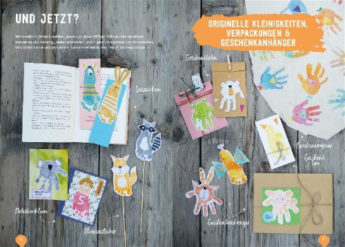 Buchcover und Innenansicht für das Buch: Kleine Hände, kleine Füße: Kunterbunte Basteleien mit Hand- und Fußabdrücken.