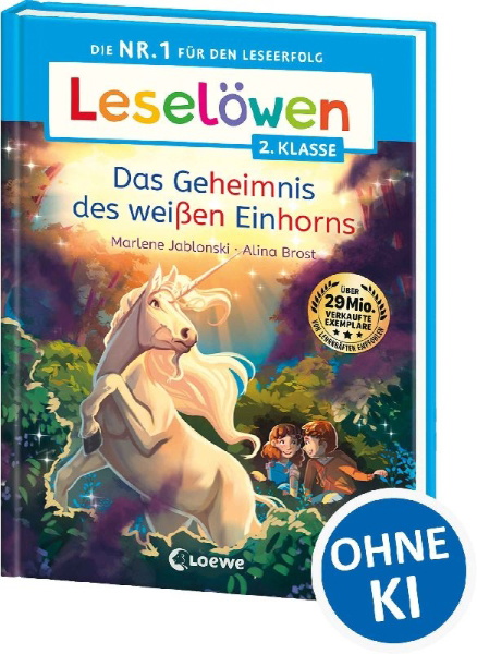 Buchcover und Innenansicht für das Buch: Leselöwen 2. Klasse - Das Geheimnis des weißen Einhorns