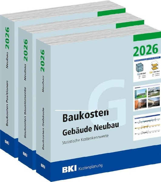 Buchcover und Innenansicht für das Buch: BKI Baukosten Gebäude + Positionen + Bauelemente Neubau 2026 - Kombi Teil 1-3