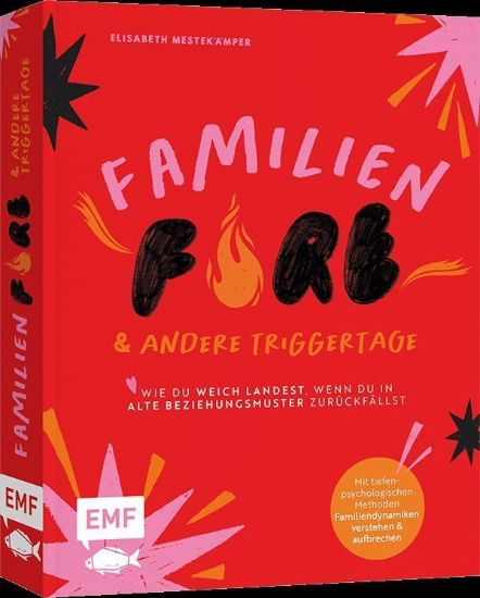 Buchcover und Innenansicht für das Buch: FamilienFIRE und andere Triggertage - Wie du weich landest, wenn du in alte Beziehungsmuster zurückfällst.