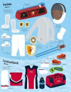 Buchcover und Innenansicht für das Buch: Mein Anzieh-Stickerbuch: Sportarten aus aller Welt