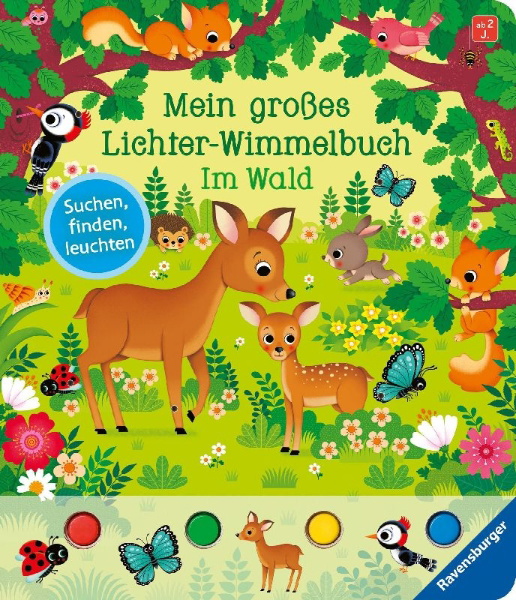 Buchcover und Innenansicht für das Buch: Mein großes Lichter-Wimmelbuch: Im Wald