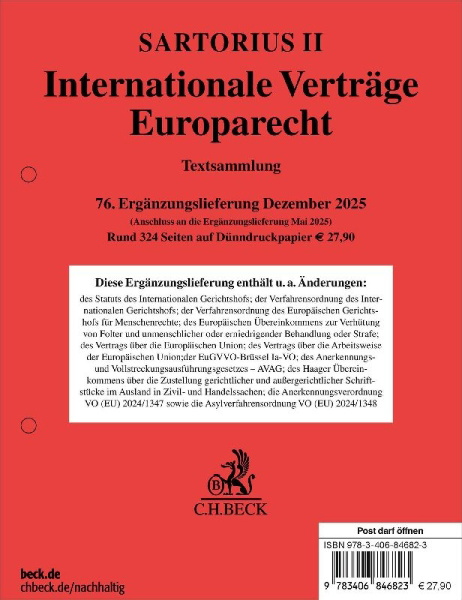 Buchcover und Innenansicht für das Buch: Sartorius II. Internationale Verträge, Europarecht  76. Ergänzungslieferung