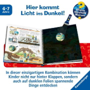 Buchcover und Innenansicht für das Buch: Wieso? Weshalb? Warum? Leuchte und entdecke: Dinosaurier (Taschenlampen-Buch mit Folien und Klappen)