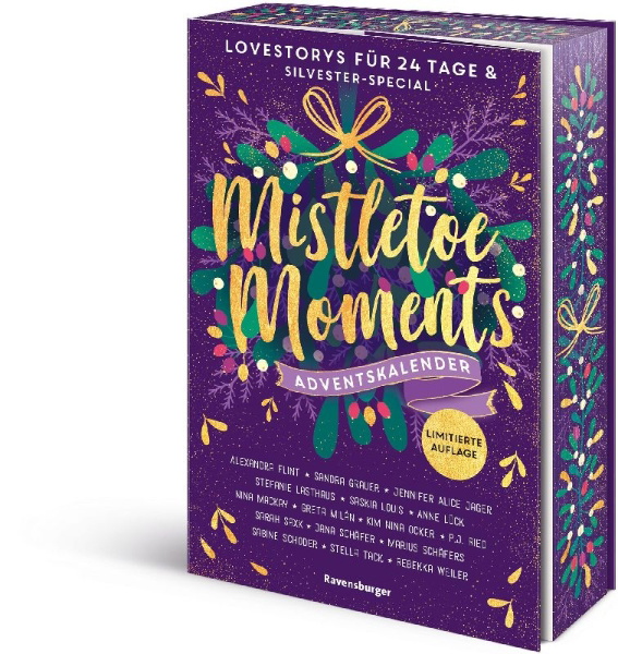 Buchcover und Innenansicht für das Buch: Mistletoe Moments. Ein Adventskalender. Lovestorys für 24 Tage plus Silvester-Special