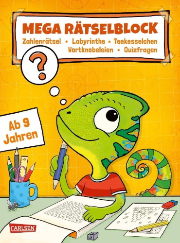 Buchcover und Innenansicht für das Buch: Rätseln für Kinder ab 9: Mega Rätselblock - Zahlenrätsel, Labyrinthe, Teekesselchen, Wortknobeleien, Quizfragen