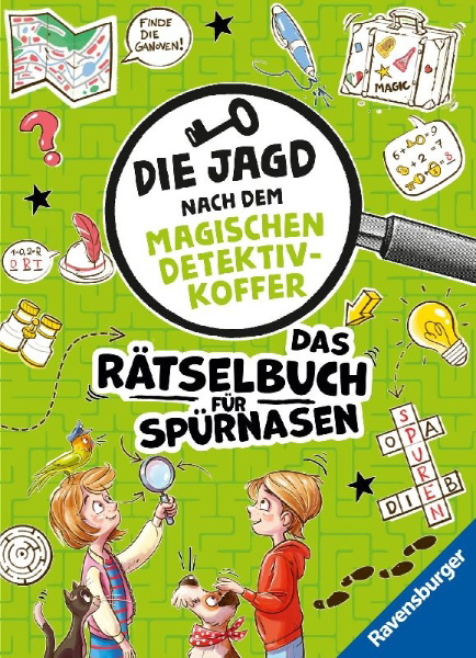 Buchcover und Innenansicht für das Buch: Die Jagd nach dem magischen Detektivkoffer: Das Rätselbuch für Spürnasen