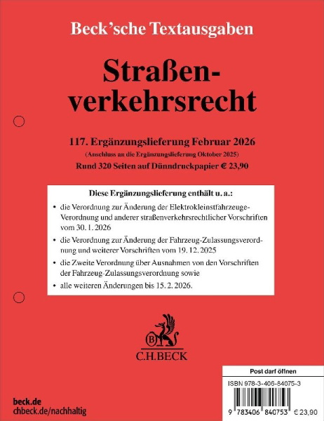 Buchcover und Innenansicht für das Buch: Straßenverkehrsrecht  117. Ergänzungslieferung